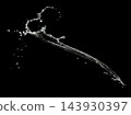Throwing water to object make curve drop splash in explosion motion. Black background isolated. Throwing Splatter Water splash hit on object to create shape form fluttering in droplet and wave 143930397