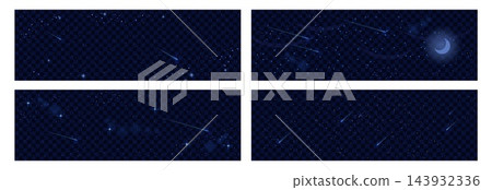 Starry night transparent. Deep milky way with cosmic nebula. Starry overlay and glowing bright space scene. Falling meteor and cosmic dust. Set of Vector illustrations 143932336
