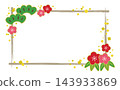 Square Japanese-style frame with hand-drawn brushstrokes featuring pine, bamboo, and plum motifs / Light brown line 143933869