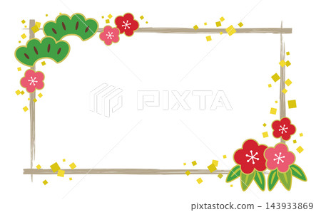 Square Japanese-style frame with hand-drawn brushstrokes featuring pine, bamboo, and plum motifs / Light brown line Square Japanese-style frame with hand-drawn brushstrokes featuring pine, bamboo, and plum motifs / Light brown line 143933869