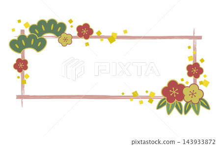 Square Japanese-style frame with hand-drawn brushstrokes featuring pine, bamboo, and plum motifs / Dusty pink 143933872