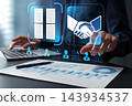 Online contracts for efficient and secure commercial transaction management. Businesses can sign contracts by touching a handshake icon. 143934537
