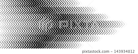 Dynamic zigzag arrow pattern background. Fading chevron gradation backdrop. Thin to thick speed line direction for poster, print, cover, banner, flyer. Vector triangle halftone gradient texture 143934812