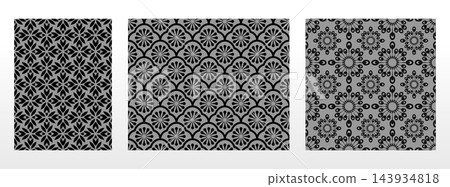 Geometric floral set of seamless patterns. Gray and black vector backgrounds. Damask graphic ornaments Geometric floral set of seamless patterns. Gray and black vector backgrounds. Damask graphic ornaments 143934818