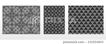 Geometric floral set of seamless patterns. Gray and black vector backgrounds. Damask graphic ornaments Geometric floral set of seamless patterns. Gray and black vector backgrounds. Damask graphic ornaments 143934843