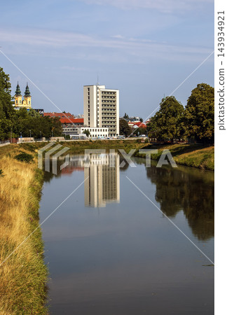 Vertical View of Nitra River and Urban Architecture Reflected in Calm Water Vertical View of Nitra River and Urban Architecture Reflected in Calm Water 143934921