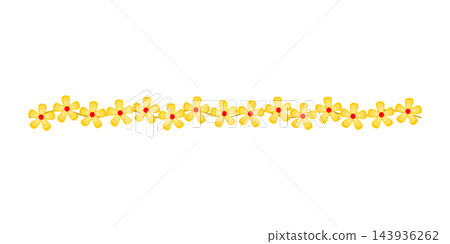 Yellow daisy flower border with red centers and a wavy stem, for spring decorations, floral frames, invitations, banners, and decorative designs. Yellow daisy flower border with red centers and a wavy stem, for spring decorations, floral frames, invitations, banners, and decorative designs. 143936262
