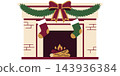 A festive christmas fireplace illustration featuring hanging stockings and a decorative green garland with a large red bow centerpiece 143936384
