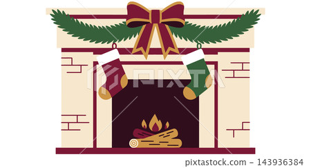 A festive christmas fireplace illustration featuring hanging stockings and a decorative green garland with a large red bow centerpiece A festive christmas fireplace illustration featuring hanging stockings and a decorative green garland with a large red bow centerpiece 143936384