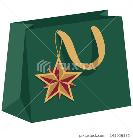 A festive dark green gift bag adorned with a shimmering star ornament perfect for holiday presents and cheerful celebrations A festive dark green gift bag adorned with a shimmering star ornament perfect for holiday presents and cheerful celebrations 143936385
