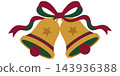 A festive illustration of golden christmas bells adorned with a vibrant red bow and cheerful holiday decorations evoking warmth and joy 143936388