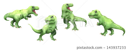 Watercolor tyrannosaurus rex dinosaur cartoon characters set, featuring cute green T-Rex with roaring and running poses for kids design. Transparent background illustration. Watercolor tyrannosaurus rex dinosaur cartoon characters set, featuring cute green T-Rex with roaring and running poses for kids design. Transparent background illustration. 143937233