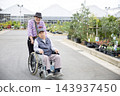 An elderly Japanese man in a wheelchair, choosing seedlings at a garden center; friend. 143937450