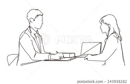 A simple illustration of a male planner in a suit and a woman receiving an explanation. A simple illustration of a male planner in a suit and a woman receiving an explanation. 143938282
