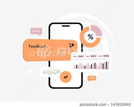 AI customer feedback analysis for sentiment detection, review scoring and insights. AI feedback analysis for product decisions, service improvement and customer experience, vector illustration AI customer feedback analysis for sentiment detection, review scoring and insights. AI feedback analysis for product decisions, service improvement and customer experience, vector illustration 143938840