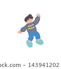 Hand-drawn vector illustration of a boy jumping with one arm raised. 143941202