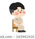 Friendly Thai government official character sitting in khaki uniform with a happy expression 143941410