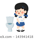 Little schoolgirl suffering from stomach ache and digestive issues next to a toilet bowl 143941418
