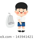 Young schoolboy in uniform needs to urinate urgently near urinal in restroom 143941421