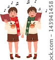 Christmas Carolers Cute Cartoon Boys Holding Hands and Singing from Red Songbooks Wearing Winter Scarves and Reindeer Sweaters Holiday Illustration 143941458