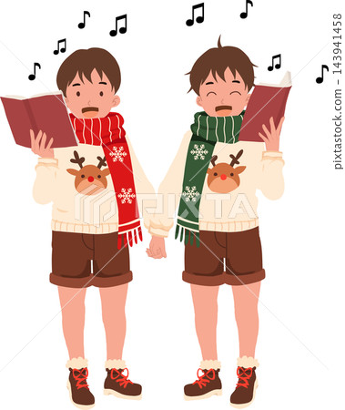 Christmas Carolers Cute Cartoon Boys Holding Hands and Singing from Red Songbooks Wearing Winter Scarves and Reindeer Sweaters Holiday Illustration Christmas Carolers Cute Cartoon Boys Holding Hands and Singing from Red Songbooks Wearing Winter Scarves and Reindeer Sweaters Holiday Illustration 143941458