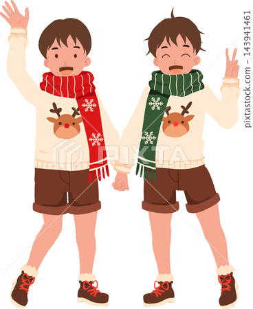Christmas Kids Cartoon Illustration of Two Cheerful Boys in Matching Reindeer Sweaters and Colorful Winter Scarves Waving and Smiling Together 143941461