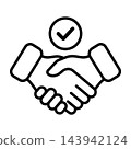 Handshake with check mark icon symbolizing successful deal agreement, cooperation, trust, partnership, success, approval, contract, business 143942124