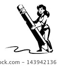 Woman holding large pencil drawing line art illustration 143942136