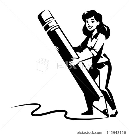 Woman holding large pencil drawing line art illustration Woman holding large pencil drawing line art illustration 143942136