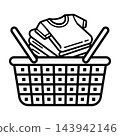 Laundry basket with folded clothes, black outline vector, washing symbol 143942146