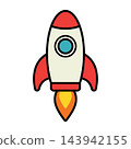 Cute cartoon rocket ship icon isolated on white background with flame 143942155