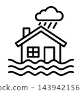 House flooding icon line art symbol, home submerged in water, disaster warning graphic, weather event illustration 143942156
