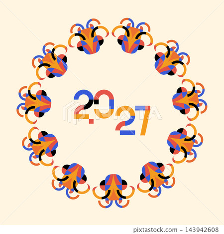 Year of the Goat 2027 Chinese New Year geometric abstract vector circular wreath design Year of the Goat 2027 Chinese New Year geometric abstract vector circular wreath design 143942608
