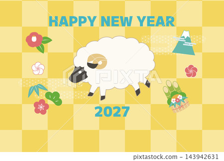 2027 年新年賀卡：綿羊和幸運符，方格圖案，橫向版。 143942631