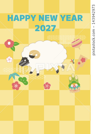 2027 New Year's Card: Sheep and Lucky Charms, Checkered Pattern, Vertical 143942973