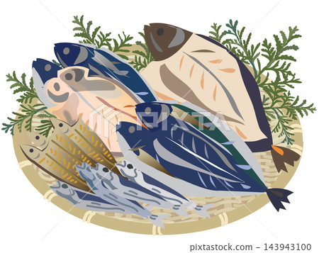 A set of illustrations of dried fish and other fish served in a basket. 143943100