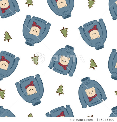 Seamless vector pattern with Christmas sweaters featuring teddy bears and fir trees Seamless vector pattern with Christmas sweaters featuring teddy bears and fir trees 143943309