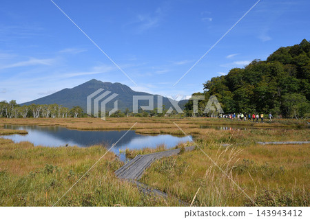 秋日尾瀨的景色，色彩繽紛的草地和池塘。群馬縣片科村。 143943412