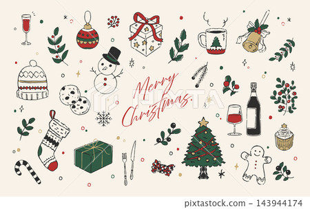 Seasonal materials: Hand-drawn Christmas illustration set Seasonal materials: Hand-drawn Christmas illustration set 143944174