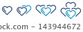 Flat heart icons, symbols representing groups of one, two, three, and four hearts, editable outline illustrations 143944672