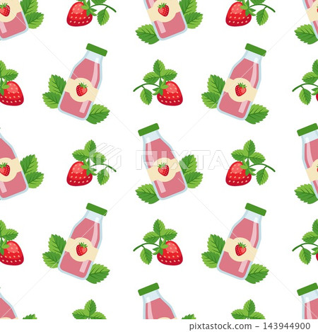 Sweet repeating vector background featuring bottled berry drinks, fresh twigs, and botanical foliage on a clean white surface. Sweet repeating vector background featuring bottled berry drinks, fresh twigs, and botanical foliage on a clean white surface. 143944900