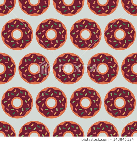 A delicious retro glazed donut seamless pattern with colorful sprinkles on chocolate frosting over a grey background. A delicious retro glazed donut seamless pattern with colorful sprinkles on chocolate frosting over a grey background. 143945154