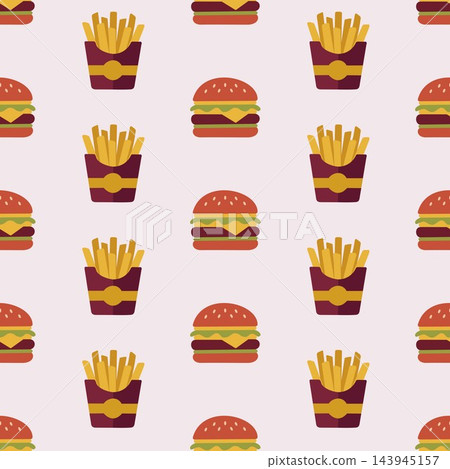 A cute retro cheeseburger and French fries seamless pattern with neat alternating rows on a soft pink background. A cute retro cheeseburger and French fries seamless pattern with neat alternating rows on a soft pink background. 143945157