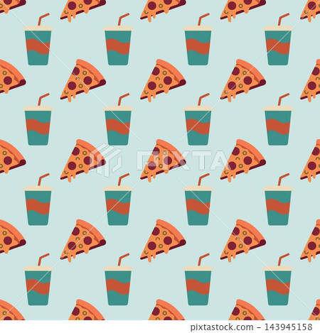 An appetizing retro pizza slice and soda cup seamless pattern set against a soft blue background. An appetizing retro pizza slice and soda cup seamless pattern set against a soft blue background. 143945158