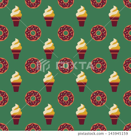A sweet retro dessert seamless pattern featuring soft serve ice cream cones and chocolate donuts on a green backdrop. A sweet retro dessert seamless pattern featuring soft serve ice cream cones and chocolate donuts on a green backdrop. 143945159