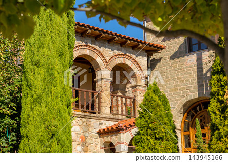 Meteora Greece Varlaam Monastery traditional stone architecture with arches 143945166
