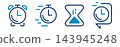 flat clock icons, stopwatch and hourglass illustrations, clock set 143945248