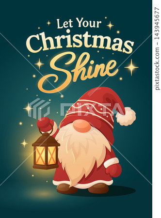Christmas greeting card featuring a cute gnome in a red hat holding 143945677