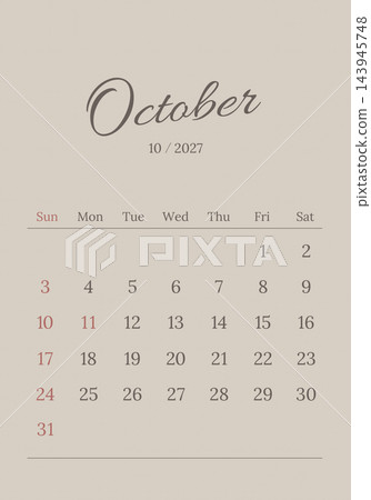 October 2027 Calendar, Vertical, Sunday Start, Beige/Greige, Simple and Stylish October 2027 Calendar, Vertical, Sunday Start, Beige/Greige, Simple and Stylish 143945748