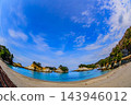 A fisheye lens was used to capture the early spring seascape at Norihama Beach in mid-March, showing the vast blue sky and blue sea, with Hiemishima Island and the sandy beach floating in the water. A fisheye lens was used to capture the early spring seascape at Norihama Beach in mid-March, showing the vast blue sky and blue sea, with Hiemishima Island and the sandy beach floating in the water. 143946012